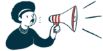 A woman speaks with a bullhorn in this announcement illustration.