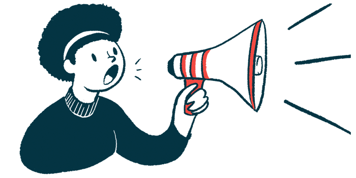 A woman speaks with a bullhorn in this announcement illustration.