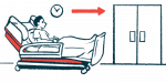 An illustration shows a person on a gurney being wheeled toward doors.