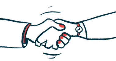 This illustration shows a close-up of a handshake.