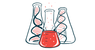 Illustration of three flasks, two with DNA strands and one with a red liquid.