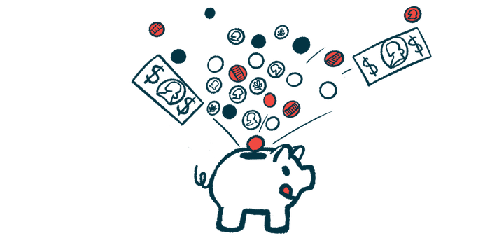 A pig-shaped bank is seen making a 'yum' face as coins and bills fly into its top slot.