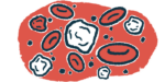 An illustration shows white and red blood cells close up.