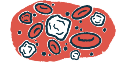 An illustration shows white and red blood cells close up.